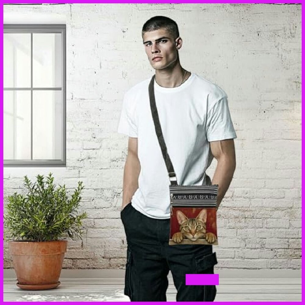 Adjustable Strap Crossbody Bag Minimal Chic Cat Print Dual Compartments - Picture 6 of 8